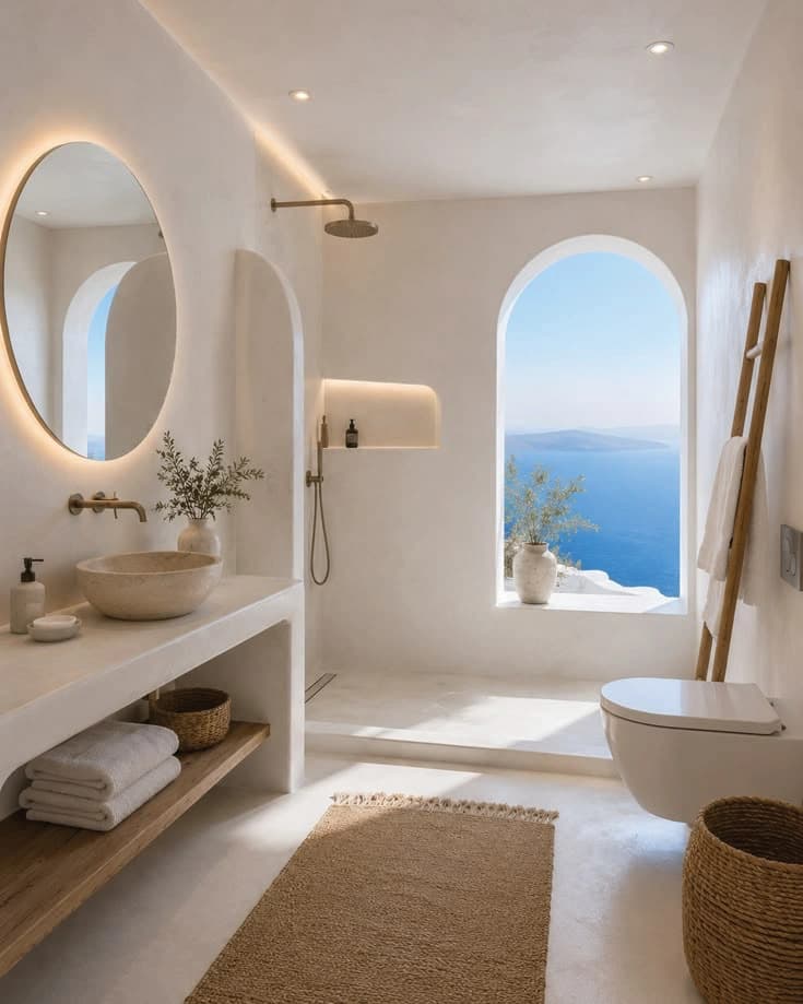 Sunlit Mediterranean bathroom with curved plaster walls and a sea view