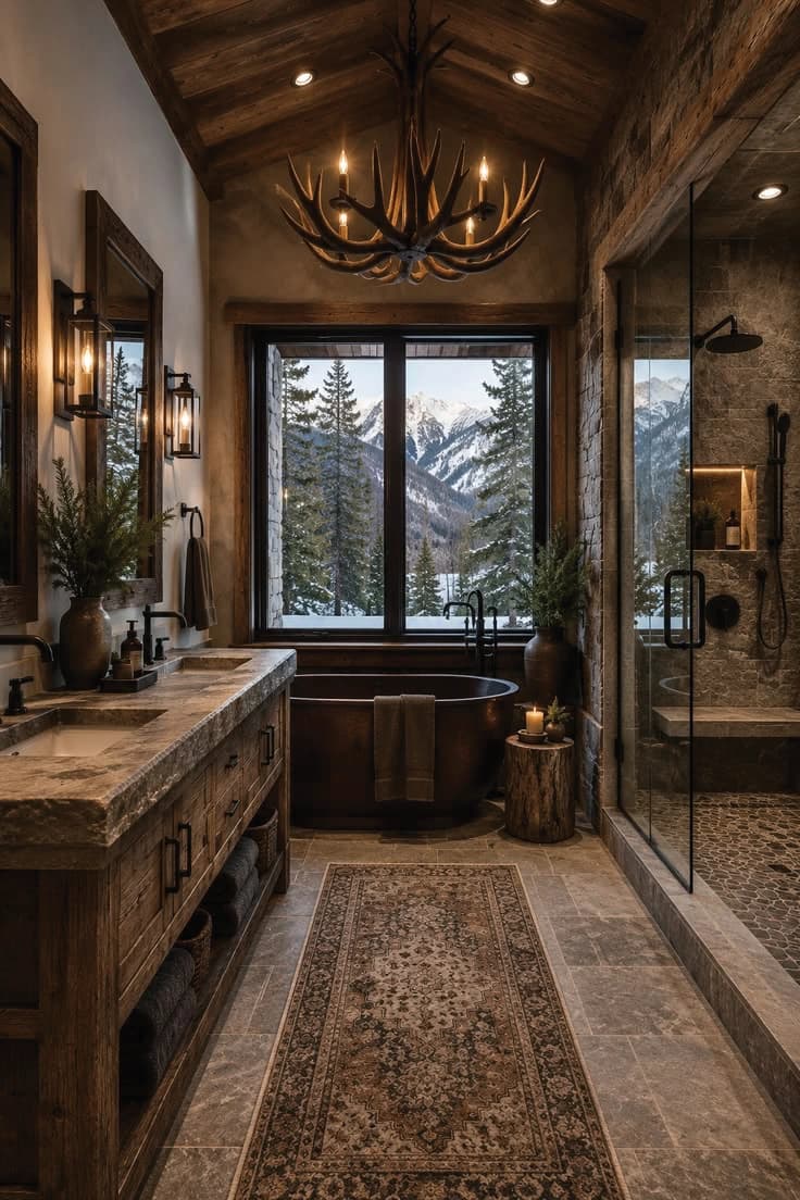 Rustic bathroom with timber beams, stone walls and a woodland view