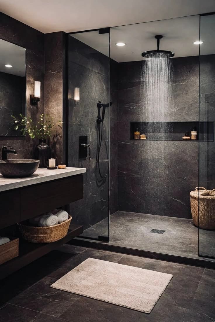 Dark Nordic bathroom with a rainfall shower and natural stone finishes