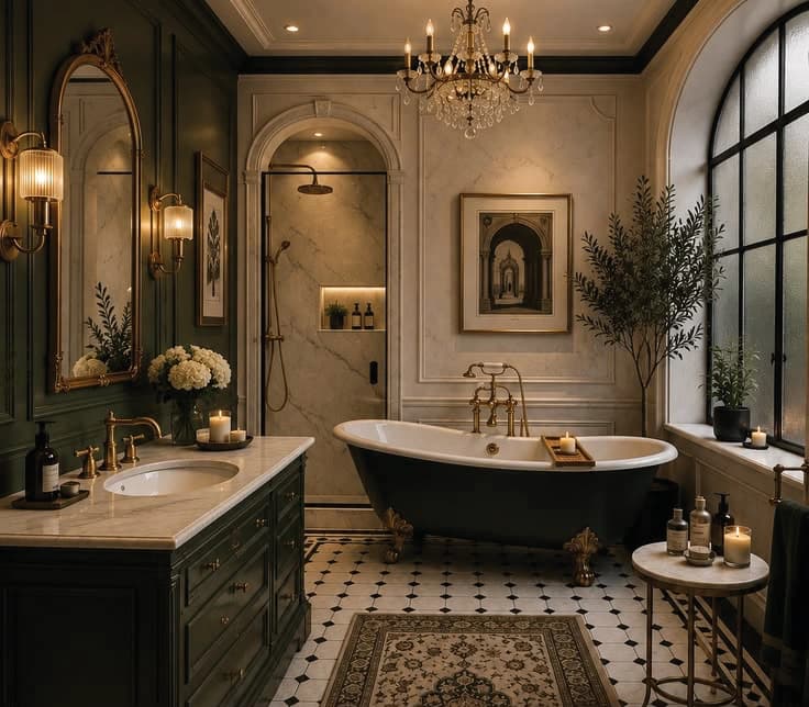 Classic bathroom with a clawfoot bathtub, chandelier and decorative tile floor