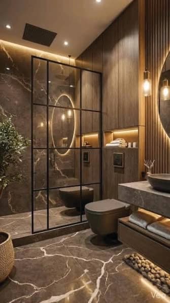 Dark marble bathroom with a glass shower and warm wood cabinetry